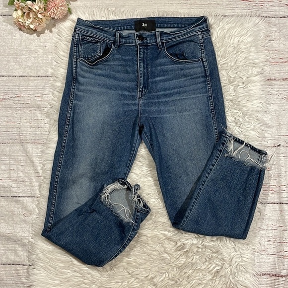 3x1 NYC Authentic Straight Crop Cammi Distressed Hem High Rise Jeans - Picture 2 of 14